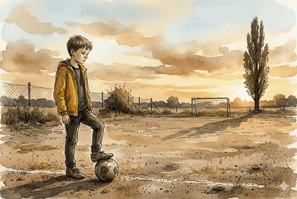 Querformat 3:2; Aquarell und Tinte, Federlinie, Pinselspuren, Papierkorn; gedämpfte Erdtöne, EIN Akzent senfgelbe Jacke. Lukas-Anker wie zuvor. Szene: Lukas steht still auf dem Platz, an einem Maschendrahtzaun lehnend; der Trainer (erwachsener Mann, Mütze, Klemmbrett) wendet sich gerade ab, das Gesicht halb abgewandt, unnahbar. Andere Kinder traben weg. Kühleres, fahles Licht, lange Schatten. Stimmung kippt.