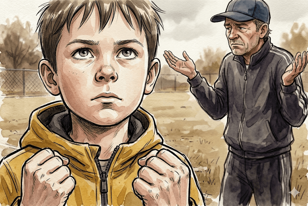 Querformat 3:2; Aquarell und Tinte, lockere Federlinie, Pinselspuren, Papierkorn; gedämpfte Erdtöne, Akzent senfgelbe Jacke. Lukas-Anker. Szene: Nahaufnahme von Lukas, der zum Trainer aufschaut; seine Hände zu Fäusten geballt, der Mund schmal. Der Trainer im Hintergrund zuckt mit den Schultern, das Gesicht halb abgewandt. Roher, ehrlicher Moment, kein Drama-Glanz, nur Tusche und Schatten.