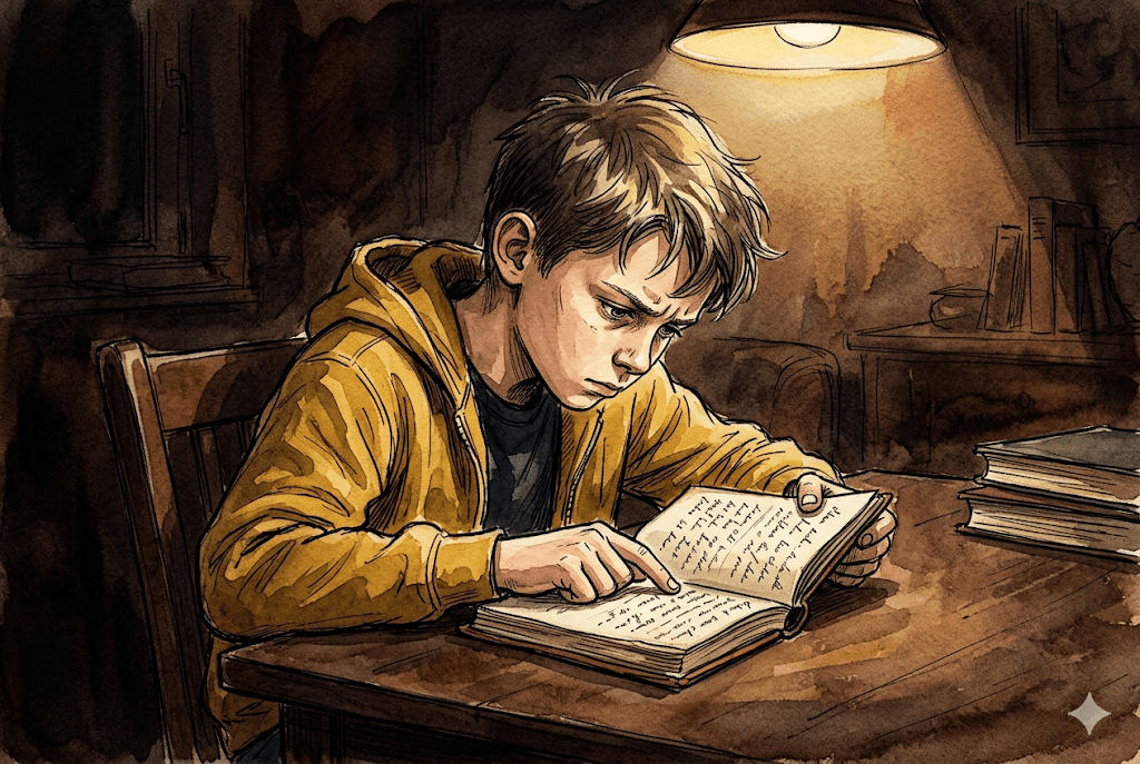 Querformat 3:2; Aquarell und Tinte, lockere Federlinie, Pinselspuren, Papierkorn; gedämpfte Erdtöne, ein warmer Lichtkegel, Akzent senfgelbe Jacke. Lukas-Anker. Szene: Lukas beugt sich tief über das aufgeschlagene Büchlein, die Stirn gerunzelt, der Finger auf einer Zeile. Das Licht fällt nur auf die Seite und sein Gesicht. Alles andere versinkt im warmen Dunkel. Konzentration, ein Innehalten.