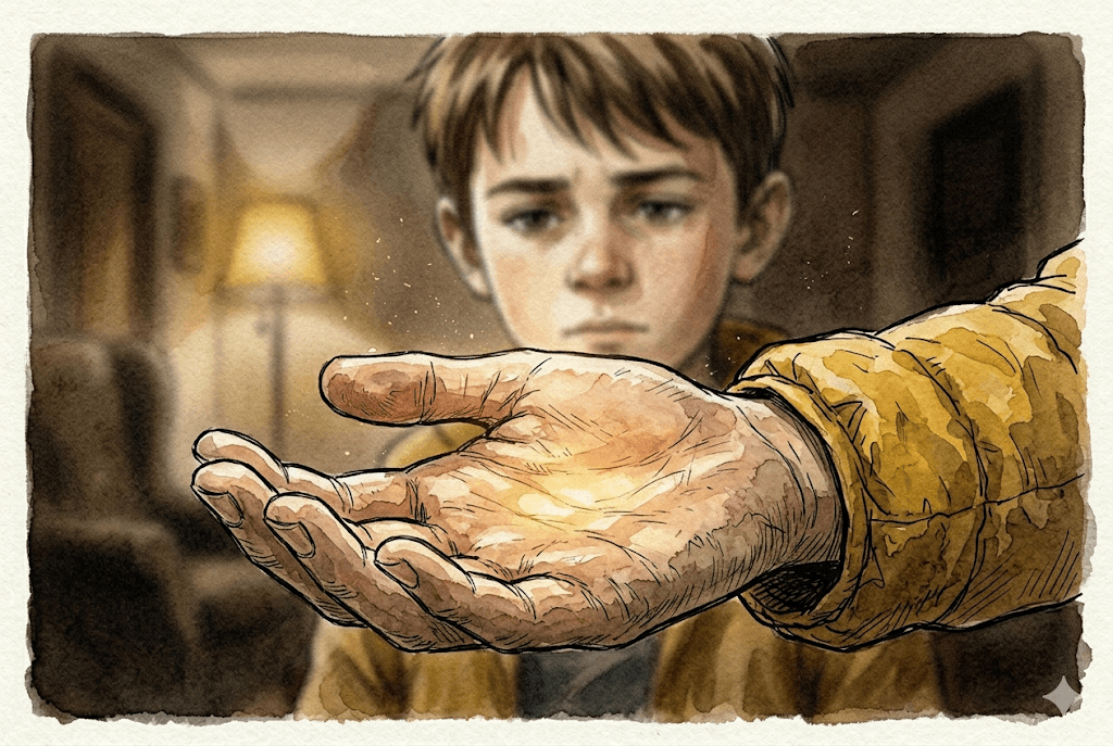 Querformat 3:2; Aquarell und Tinte, lockere Federlinie, Pinselspuren, Papierkorn; gedämpfte Erdtöne, Akzent senfgelbe Jacke. Lukas-Anker. Szene: EXTREME NAHSICHT auf Lukas' offene Hand, fast wie eine Schale vor sich gehalten; auf der Handfläche liegt ein warmer Lichtfleck. Sein Gesicht im Hintergrund unscharf, nachdenklich, suchend, nicht traurig. Stille, Konzentration. Eine Hand-Nahsicht – das Gegenstück zur weiten Einstellung der Seite zuvor.
