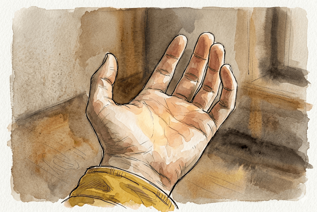 Querformat 3:2; Aquarell und Tinte, lockere Federlinie, Pinselspuren, Papierkorn; gedämpfte Erdtöne, Akzent senfgelbe Jacke. Lukas-Anker. Szene: Großaufnahme von Lukas' Hand, die sich langsam aus einer Faust öffnet – die Finger gerade erst gelöst, nicht ganz flach. Es ist sichtbar Bewegung, ein Anfang, kein Ende. Das Licht liegt warm in der sich öffnenden Hand. Sehr ruhig, ernst, kein Kitsch. Nur die Geste – keine zweite Deutung im Bild.