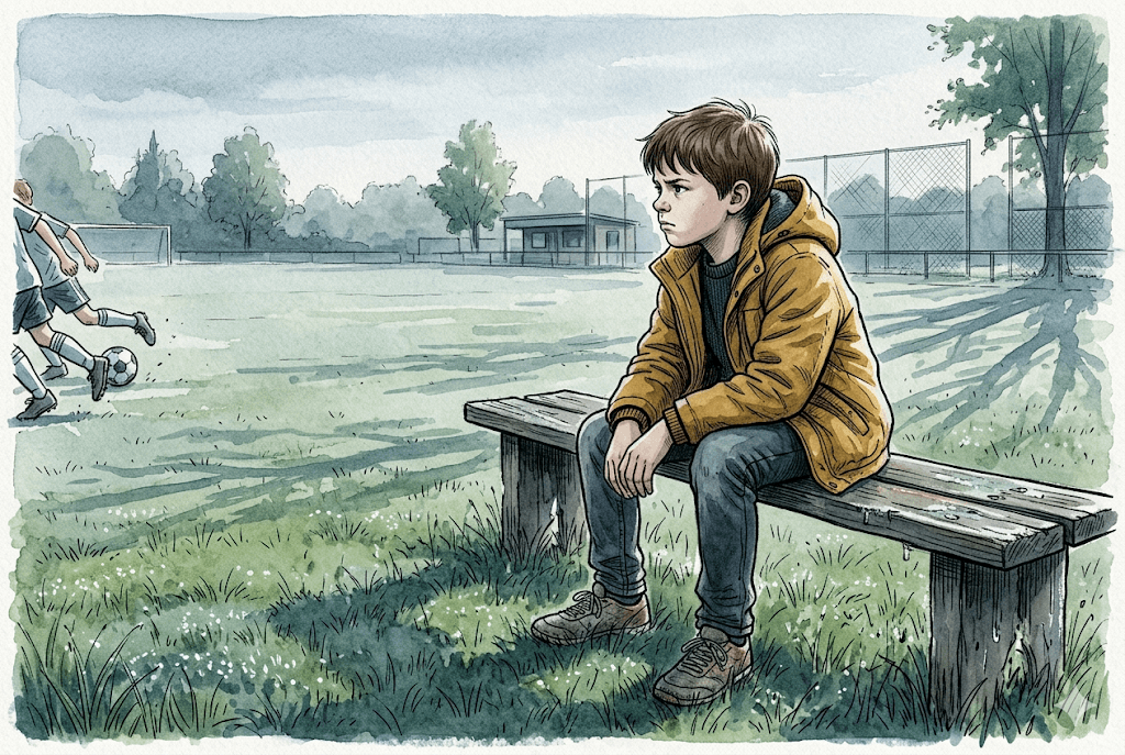 Querformat 3:2; Aquarell und Tinte, Federlinie, Pinselspuren, Papierkorn; klares, kühles Morgenlicht in gedämpften Tönen, Akzent senfgelbe Jacke. Lukas-Anker. Szene: Lukas sitzt am Rand auf der Bank, die Schultern etwas nach innen gefallen, der Kiefer leicht zusammengepresst, die Hände liegen locker, aber schwer im Schoß, der Blick kurz zur Seite gewandt – ein Mensch, der etwas Schweres trägt und trotzdem bleibt. Kein Triumph, kein Trost. Der Trainer ist NICHT zu sehen, nur angedeutete Beine spielender Kinder am Bildrand. Tau auf dem Gras, lange Morgenschatten.
