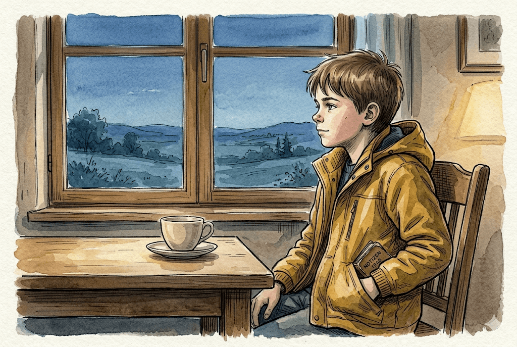 Querformat 3:2; Aquarell und Tinte, lockere Federlinie, sichtbare Pinselspuren, Papierkorn; warme, ruhige Abendtöne, Akzent senfgelbe Jacke. Lukas-Anker. Szene: Lukas sitzt am Fenster, draußen blaue Dämmerung, die Hand in der Jackentasche, in der das kleine alte Büchlein steckt. Sein Blick geht aus dem Fenster, ruhig und wach. Auf dem Tisch neben ihm eine zweite, leere Teetasse als leiser Hinweis auf Opa. Geborgenheit und offene Weite zugleich. Kein aufgelöster Konflikt – ein offener Atemzug.