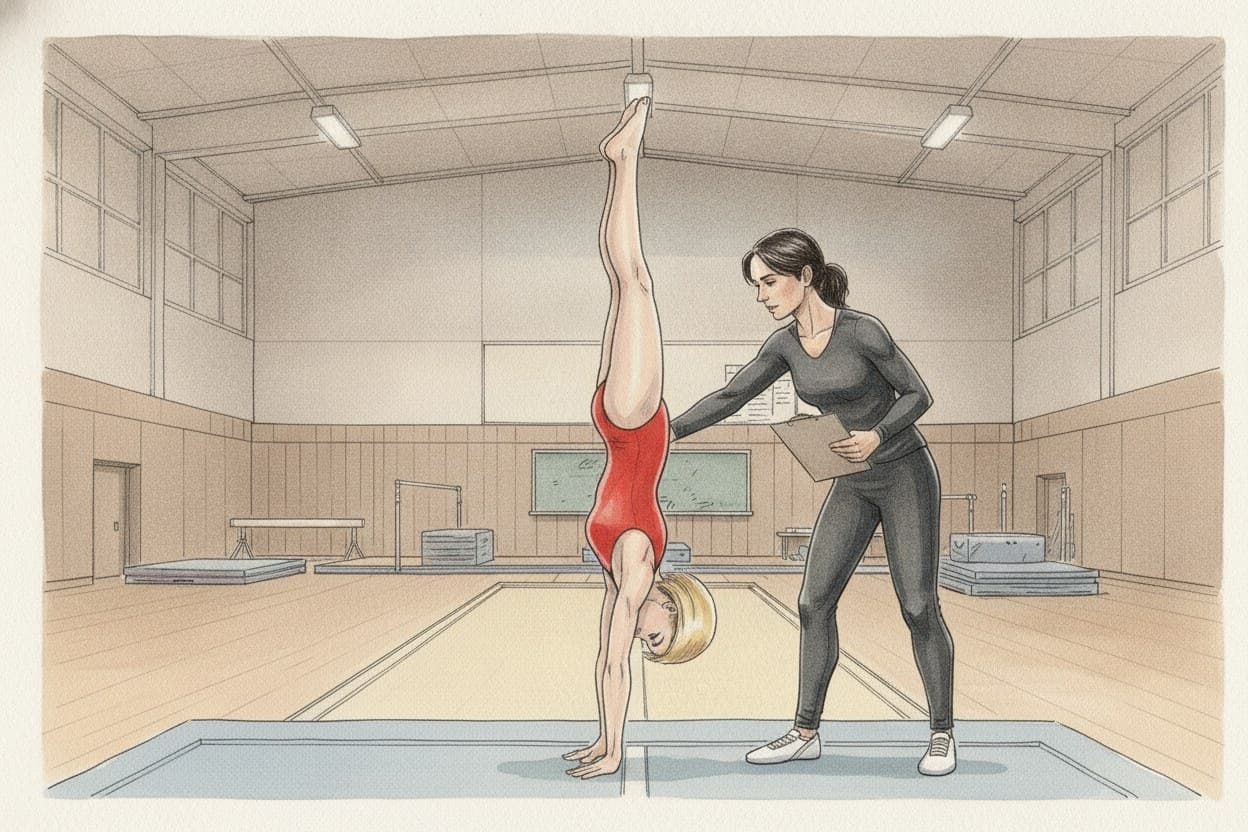 Turnhalle, ein Mädchen in der Rückwärtsbewegung eines Flickflacks, die Trainerin steht sichernd daneben.