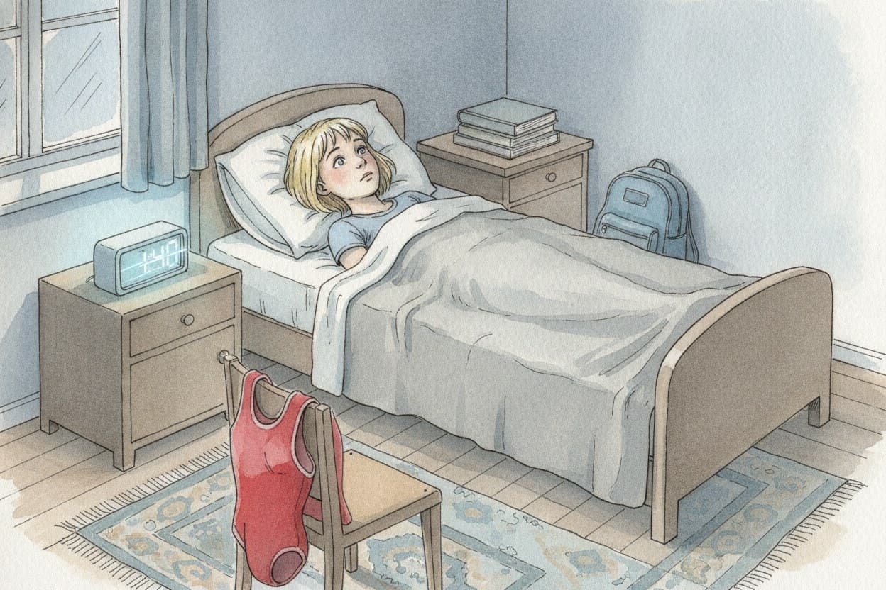 Nachtszene: ein Mädchen liegt wach im Bett, die Augen offen, der Wecker zeigt 1:40 Uhr.