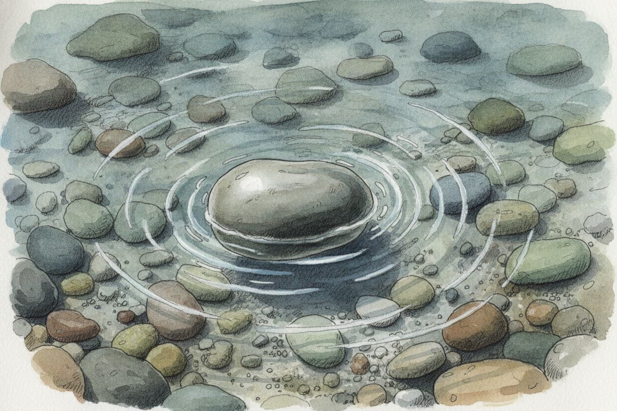 Nahaufnahme des Wassers um einen glattgeschliffenen Stein, kleine Wirbel, klarer Kies darunter.