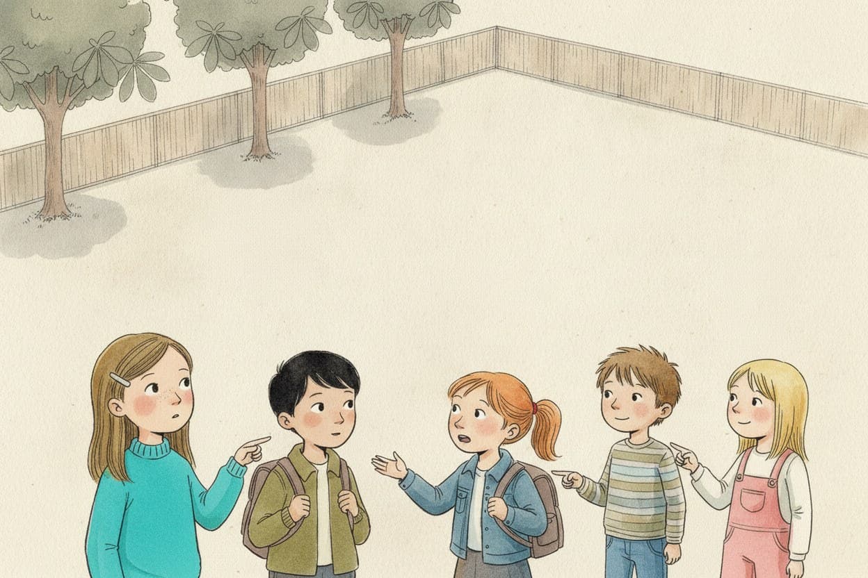 Kette von Kindern, jedes zeigt auf ein anderes, am Ende zeigt eines ins Leere.