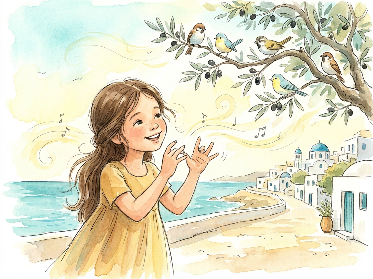 Aquarell, lichte Töne, sanftes Türkis und Gelb. Ein Mädchen mit lebendigem, strahlendem Gesicht hebt die Hände, als spiele sie eine unsichtbare Flöte. Über ihr sitzen kleine Vögel still auf einem Olivenzweig und lauschen. Leichte, fast schwebende Pinselführung, Licht wie Musik gemalt.