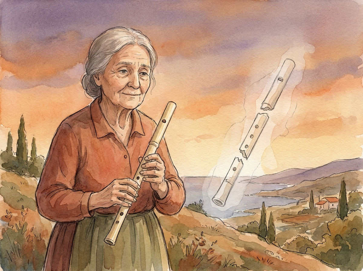 Aquarell, klares letztes Tageslicht. Die alte Frau hält die unversehrte helle Flöte gegen den abendlichen Himmel. Daneben, als zarte, beinahe transparente Vorstellung gemalt, das Bild einer zerbrochenen Flöte in vier nutzlosen Splittern. Kontrast zwischen dem Ganzen und dem Zerbrochenen. Stille, nachdenkliche Stimmung.