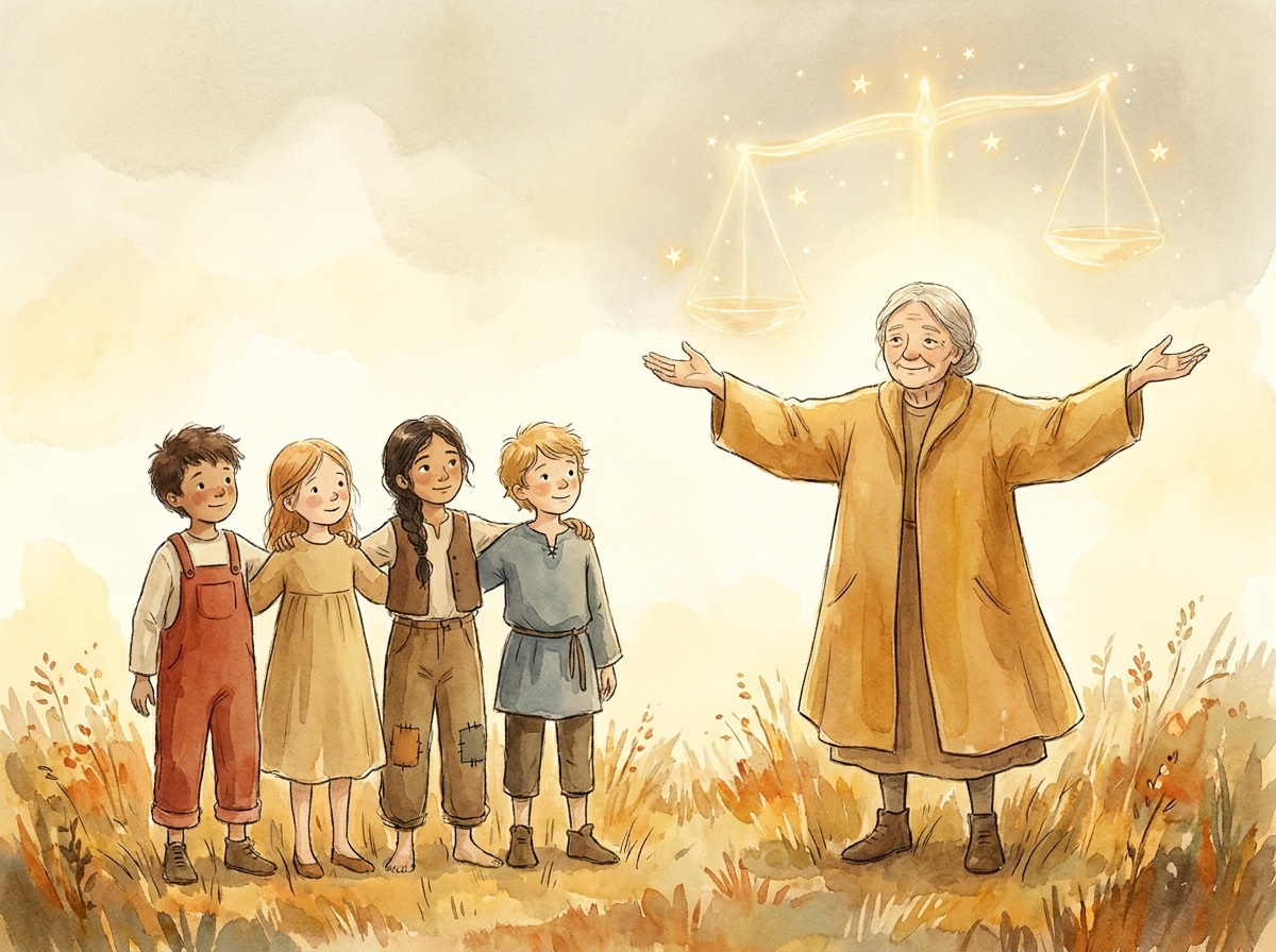 Aquarell, warmes, versöhnliches Licht. Die vier Kinder Niko, Thea, Selin und Milo stehen nebeneinander, jedes in seiner eigenen Haltung, und die alte Frau breitet die Arme aus, als hielte sie eine unsichtbare Waage. Über der Szene eine zarte, angedeutete Balkenwaage aus Licht. Goldene Erdtöne, Gefühl von Respekt und Gleichwertigkeit.