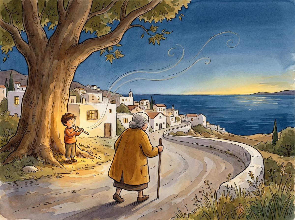 Aquarell, tiefes blaues Abendlicht mit letztem Gold am Horizont. Die alte Frau geht mit Stab und Mantel eine Straße hinaus aus dem Dorf, dem Meer und dem Dämmer entgegen, von hinten gesehen. Hinter ihr, klein und warm beleuchtet unter der Platane, ein Kind, das die Flöte spielt. Aus der Flöte steigen zarte, gemalte Klangwellen in die Dämmerung. Friedliche, offene Stimmung.