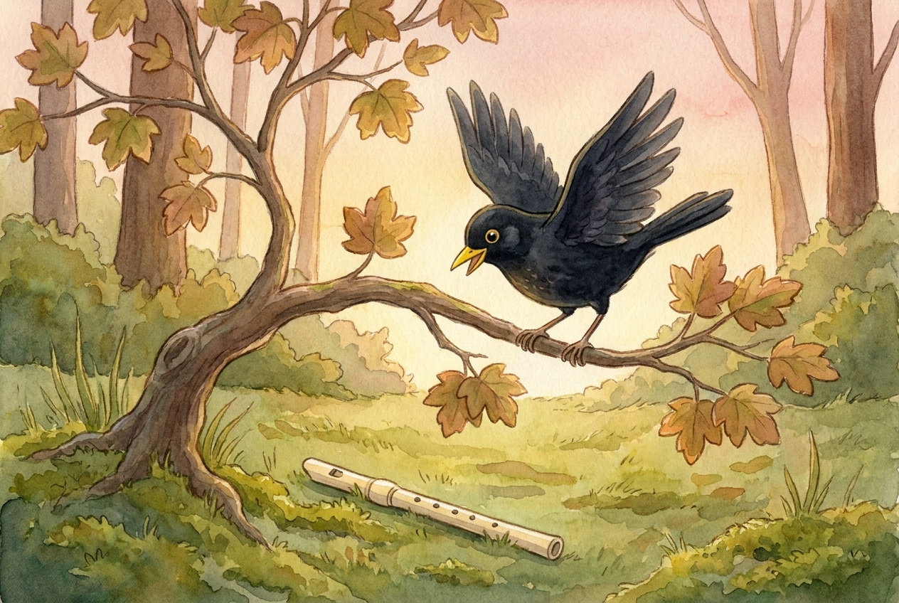 Mia die Amsel landet auf einem Zweig.