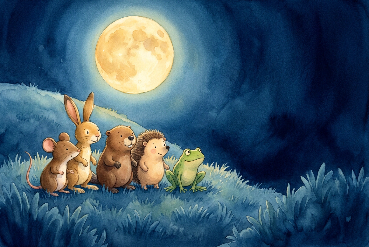Die fünf Freunde — Maus, Hase, Biber, Igel, Fröschin — im sanften Mondlicht, alle gleich groß und freundlich beleuchtet, neugierig in die Dunkelheit blickend.