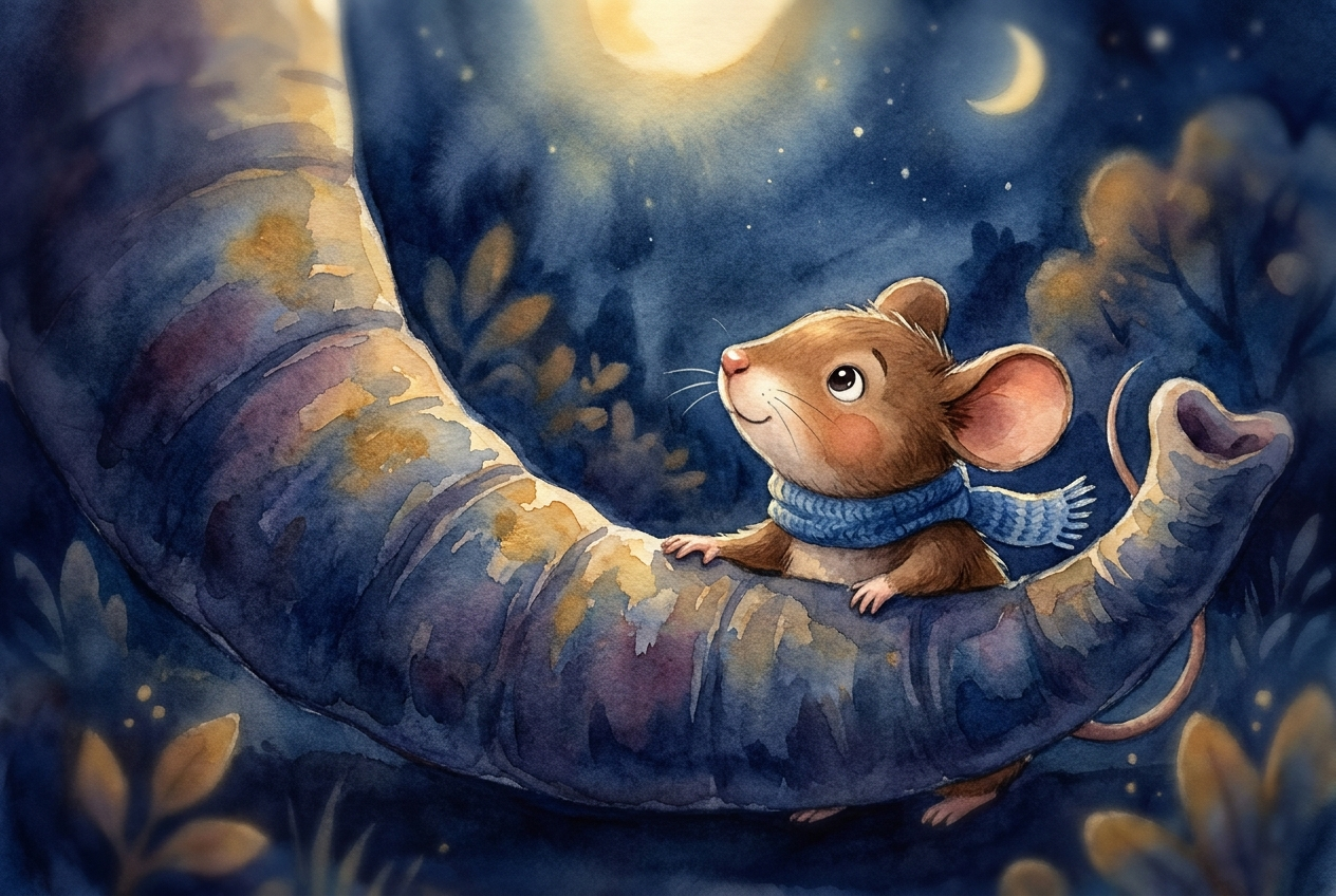Nahaufnahme: Maras kleine Pfote auf der glatten, biegsamen Oberfläche des Rüssels; Maus mit großen Augen, Mondlicht von oben.