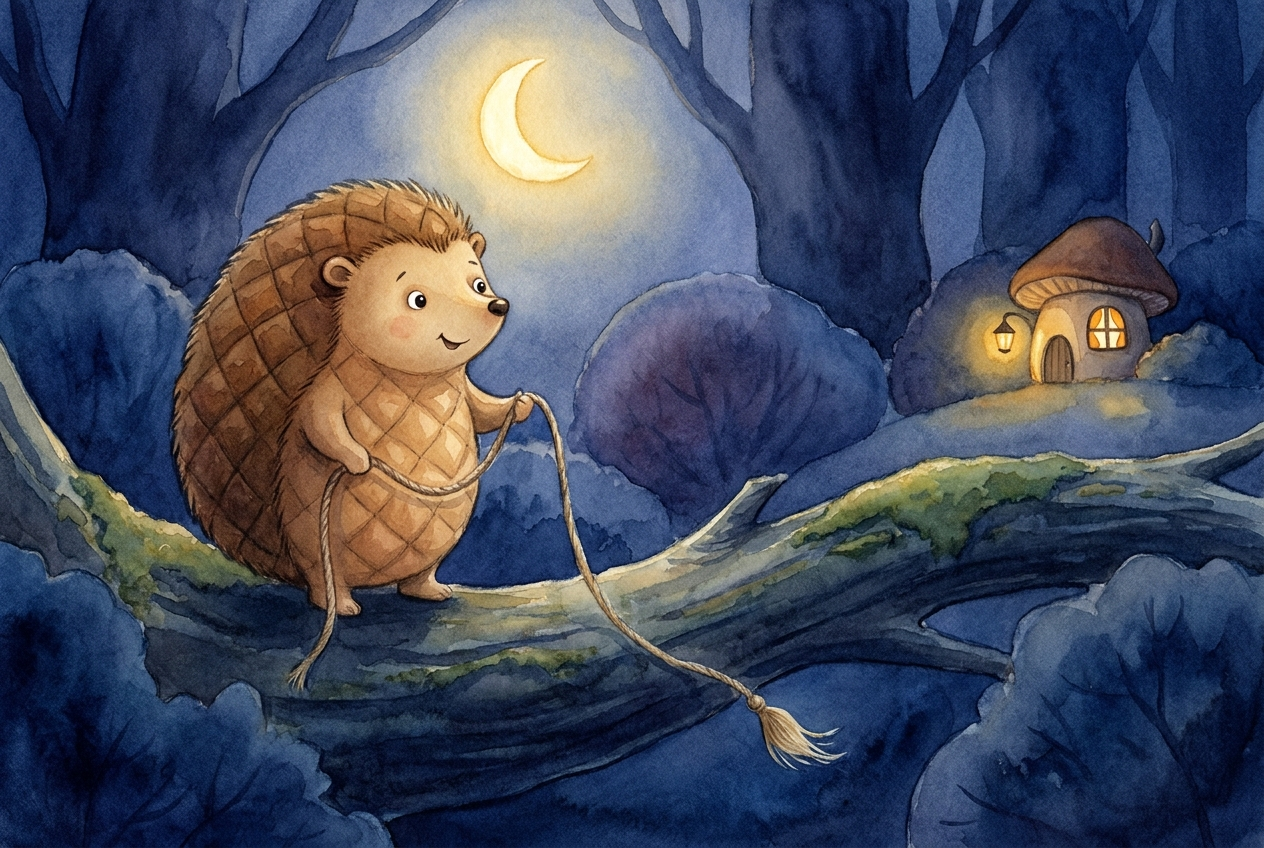 Der kleine Igel Ida hält ein dünnes, herabhängendes Etwas mit einer Quaste am Ende (den Schwanz) in den Pfoten; es baumelt im Mondlicht.