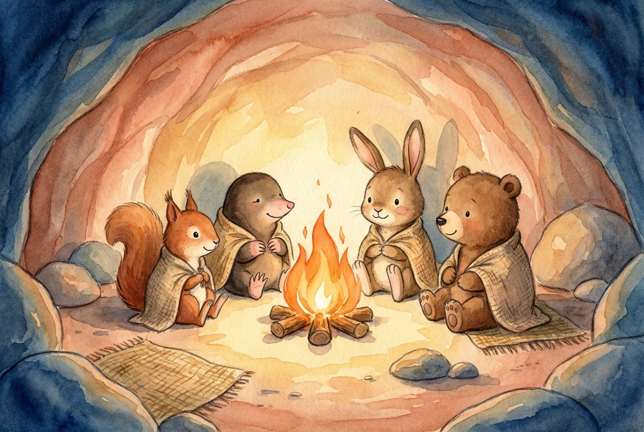 Geborgene Höhle bei Nacht, in der Mitte ein warmes oranges Lagerfeuer; vier kleine Tiere sitzen rundum, friedlich.