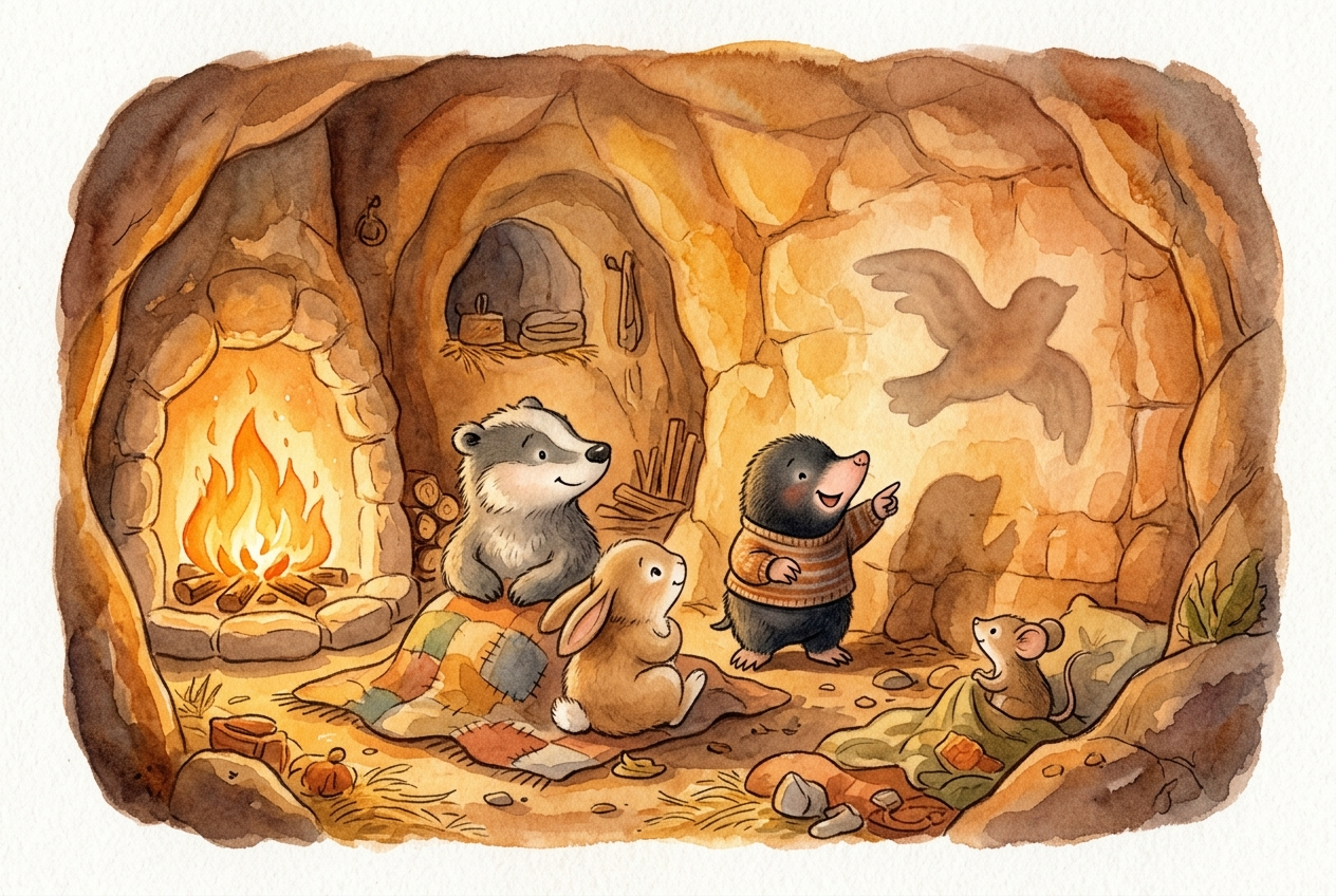 Ein Schatten in Vogelform gleitet über die Wand; Mole der Maulwurf deutet freudig hin.