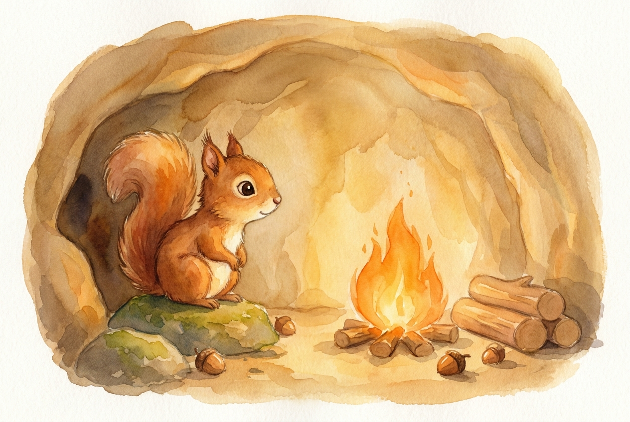 Fipp das Eichhörnchen sitzt nachdenklich, schaut nicht zur Wand, sondern zur Seite, wo es heller flackert.