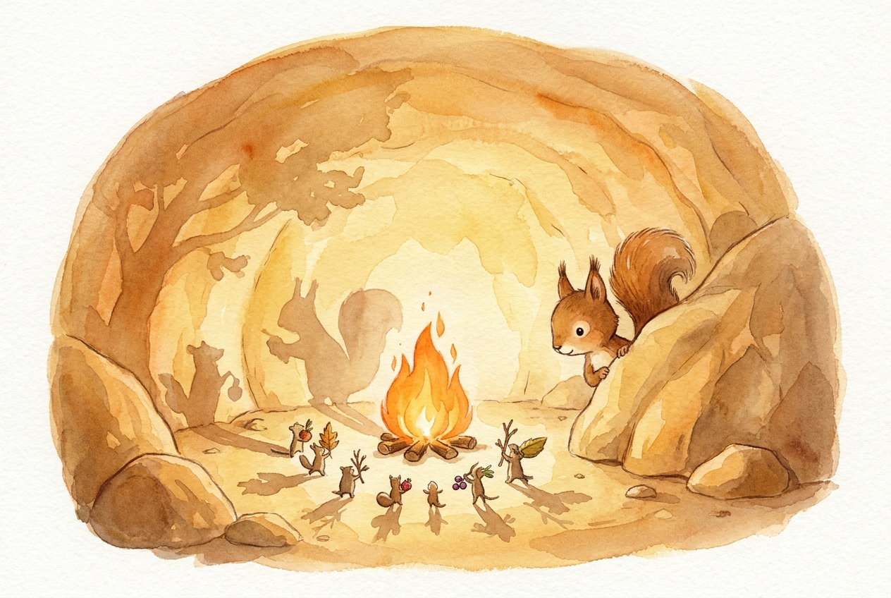 Fipp entdeckt das Lagerfeuer als Lichtquelle; vor dem Feuer ziehen kleine Dinge vorbei, die die Schatten werfen.