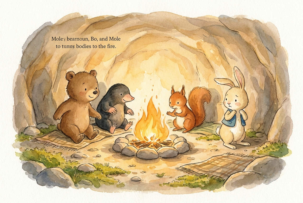 Mole, Tilla und Bo drehen sich zögernd mit um; Tilla noch unsicher, Bo neugierig.