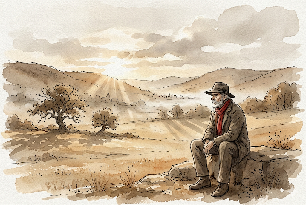 Querformat 3:2; atmosphärisches Aquarell und Tinte, lockere Federlinie, sichtbare Pinselspuren, feines Papierkorn, körnig und handgemalt; gedämpfte warme Erdtöne, niedrige Sättigung mit EINEM einzigen gesättigten Akzent: Lukas' senfgelbe Jacke, sonst keine zweite kräftige Farbe. Figuren-Anker Lukas: schmaler Junge, etwa zehn, kurzes dunkelblondes Haar, ernstes Gesicht mit wenigen Linien, KEINE Kulleraugen. Titelbild: Lukas steht allein am Rand eines staubigen Bolzplatzes in der senfgelben Jacke, einen Fußball unter dem Fuß, der Blick nach innen gekehrt. Langes Abendlicht, eine einzelne Pappel. Seelenvoll, ruhig, kein Disney-Glanz, kein Vektor-/3D-/Render-Look.